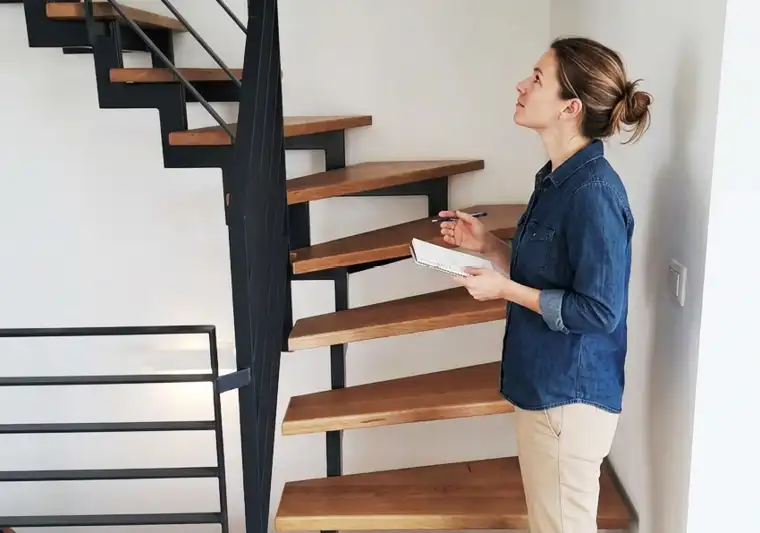 Frau steht fragend vor einer Zweiholmtreppe mit Holzstufen von Janßen Metallbau