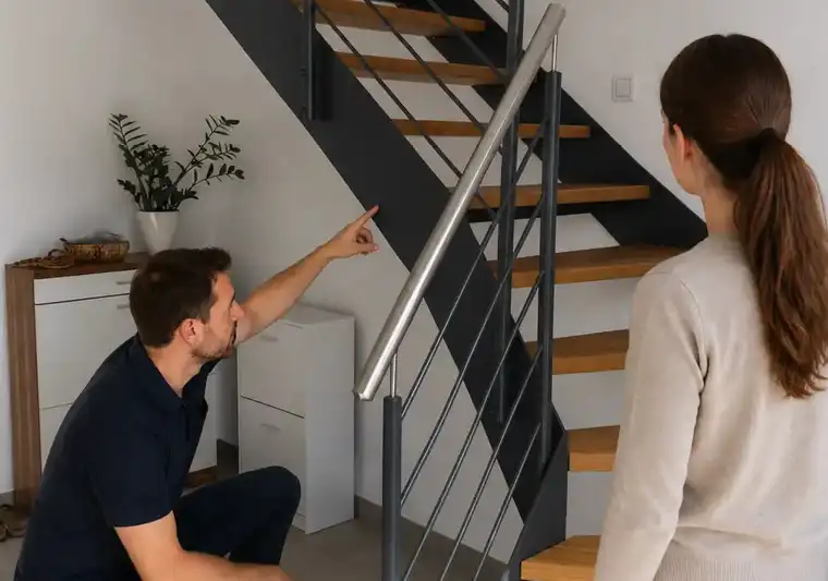 Experte erklärt einer Kundin an einer modernen Wangentreppe mit Holzstufen und Stahlwangen den Aufbau der Treppe.
