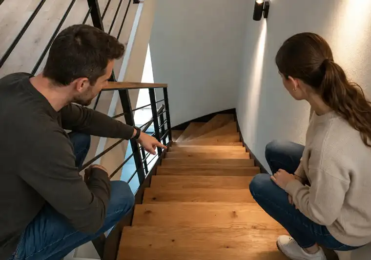 Zwei Personen betrachten eine offene Wangentreppe mit Holzstufen, Stahlwangen und Podest in einem modernen Treppenhaus.