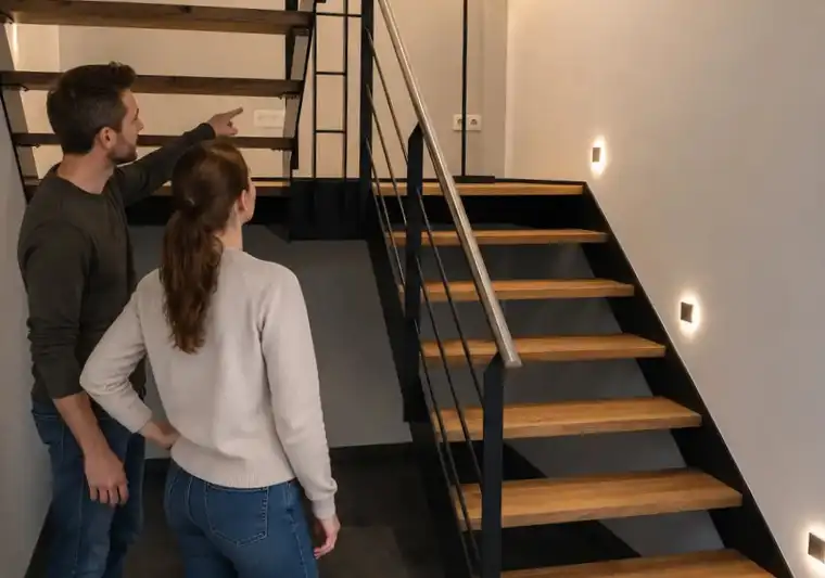 Beratungsszene an einer Wangentreppe mit Stahlwangen, Holzstufen und Geländer in einem modernen Wohnhaus.